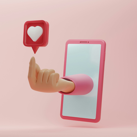 Representación en 3D de mano con corazón en un smartphone