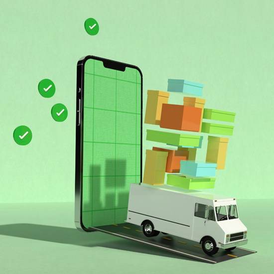 Camión de reparto que sale de teléfono móvil haciendo entregas