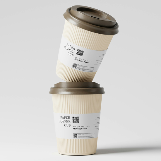 Dos tazas de café que están apiladas una encima de la otra promocionando una marca