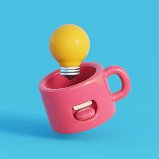 Ilustración 3D de Mug y bombilla evocando la innovación y el branding con Unonu Agencia