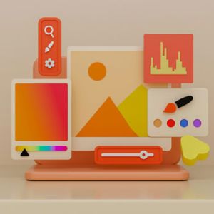 Ilustración de computador mostrando iconos de la guía para crear una identidad gráfica