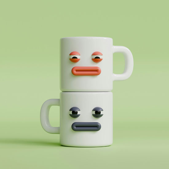 Ilustración 3D de mugs aludiendo a la implementación de branding colaborativo en empresas