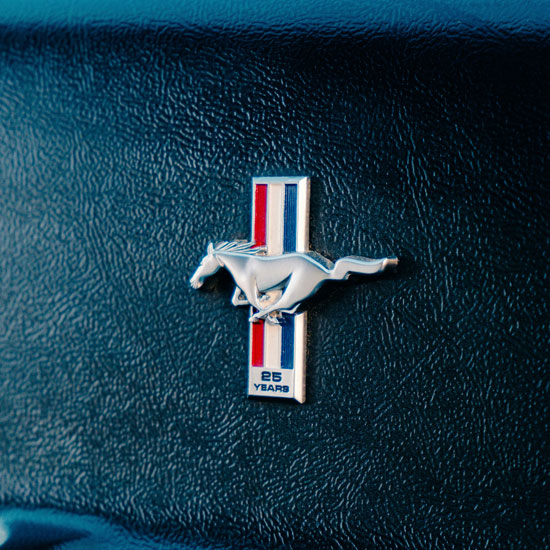 Detalle de un vehículo mostrando el logo de mustang como reconocimiento de marca