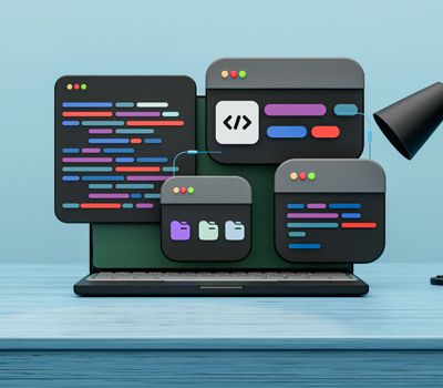 Ilustración de computador desarrollando aplicaciones implementando estrategia de branding en startups tecnológicos con unonu
