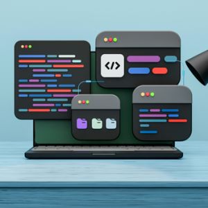Ilustración de computador desarrollando aplicaciones implementando estrategia de branding en startups tecnológicos con unonu
