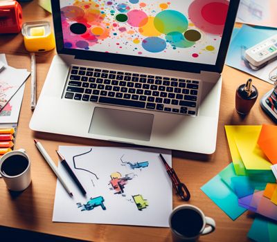 Escritorio de experto en branding visual de Unonu trabajando en el crecimiento empresarial de una marca