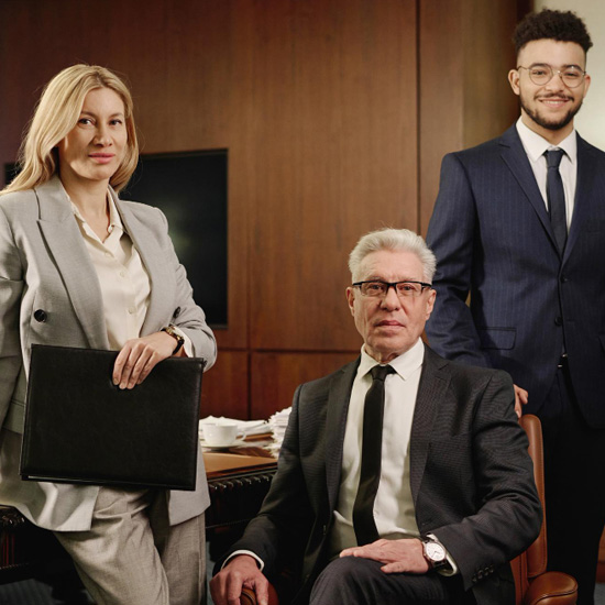 Grupo de abogados mostrando la eficiencia de la marca corporativa en firmas legales con expertos de Unonu Agencia