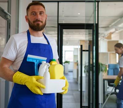 Equipo de trabajo de una empresa de aseo realizando limpieza en una oficina esperando la creación de identidad gráfica