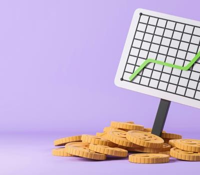 Ilustración 3D de monedas y estadisticas para representar cuanto puede costar un proyecto de branding profesional con Unonu